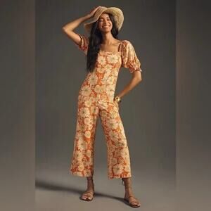 Anthropologie If By Sea Puff Sleeve Floral Orange Jumpsuit Small